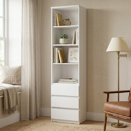 Felton Wooden Bookcase With 4 Shelves And 3 Drawers In White