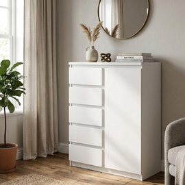 Felton Wooden Sideboard With 1 Door 5 Drawers In White