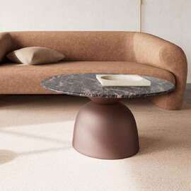 Farmville Round Brown Cocoa Marble Top Coffee Table with Bronze Steel Base