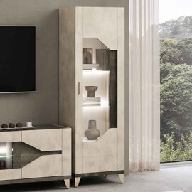 Fabio High Gloss Display Cabinet with 1 Door in Warm Grey Marble Effect and LED
