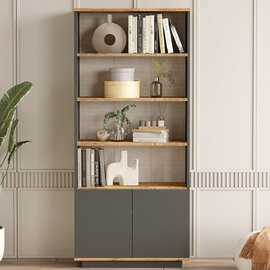 Felyn Wooden Bookcase with 2 Doors 4 Shelves in Atlantic Pine and Anthracite