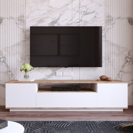 Felyn Wooden TV Stand with 3 Flap Doors in Atlantic Pine and White