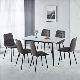 Fenvio White Marble Stone Effect Dining Table with 6 Dark Grey Chairs