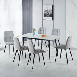 Fenvio White Marble Stone Effect Dining Table with 6 Light Grey Chairs