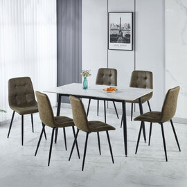 Fenvio White Marble Stone Effect Dining Table with 6 Olive Green Chairs
