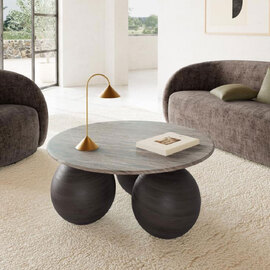 Fexira Grey Toronto Polished Marble Top Coffee Table with Brown Sandblasted Base