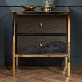 Finback Black Glass Bedside Cabinet With Gold Frame