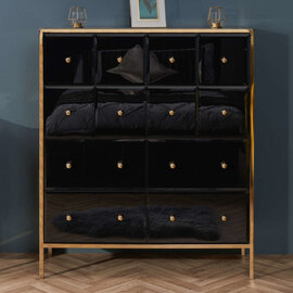 Finback Black Glass Chest Of 12 Drawers With Gold Frame