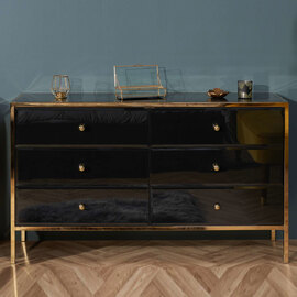Finback Black Glass Chest Of 6 Drawers With Gold Frame