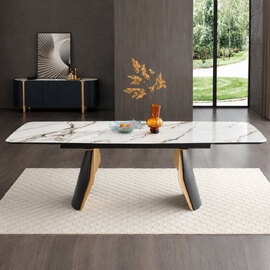 Firova Calacatta Verde Tempered Glass Top Extending Dining Table with Black Ash Base