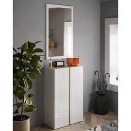 Flint Narrow High Gloss Shoe Cabinet With Mirror In White Cadiz Oak