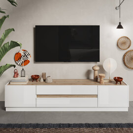 Flores White Gloss TV Stand With 2 Doors 2 Drawers In Light Oak