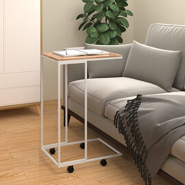 Flores Side Table In Natural With Wheels With White Frame