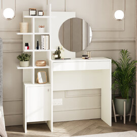 Flores Wooden Dressing Table With Mirror - White