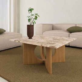 Fomaro Square Travertine Marble Effect Top Coffee Table with Veneer Oak Base