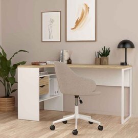 Frosk Wooden Corner Laptop Desk with 2 Drawers in White And Oak