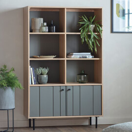 Fujiya Wooden Open Display Cabinet In Natural Oak And Grey