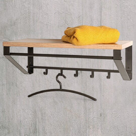 Gadsden Metal Wall Coat Rack With Oak Shelf In Black