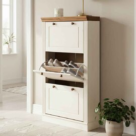 Gavrel Wooden Shoe Storage Cabinet with 3 Flap Doors in White and Honey