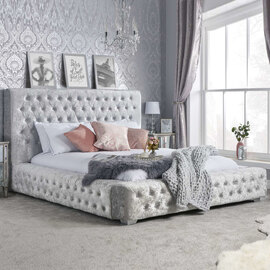 Geneva Fabric Double Bed In Steel Crushed Velvet