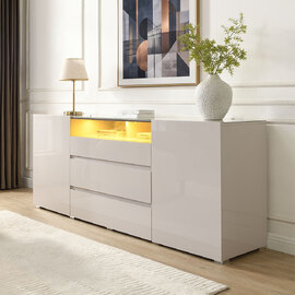 Genie Wide High Gloss Sideboard with 2 Doors 3 Drawers in Cashmere and LED