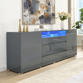Genie Wide High Gloss Sideboard with 2 Doors 3 Drawers in Strada Grey and LED