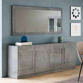 Breta High Gloss Sideboard 4 Doors with Mirror in Grey Marble Effect