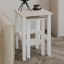 Gina Wooden Nesting Side Tables in White and Travertine Marble Effect