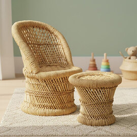 Givaro Woven Bamboo Childrens Chair and Stool Set in Natural