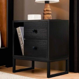 Glimen Wooden Bedside Cabinet with 2 Drawers 1 Shelf in Black