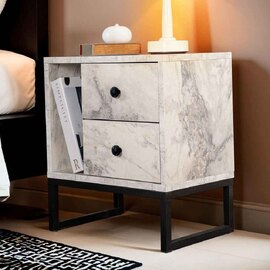 Glimen Wooden Bedside Cabinet with 2 Drawers 1 Shelf in Freesia Marble and Black