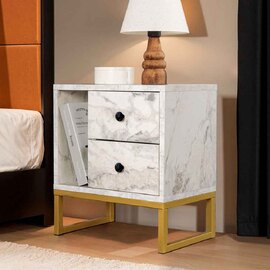 Glimen Wooden Bedside Cabinet with 2 Drawers 1 Shelf in Freesia Marble and Gold