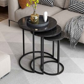 Glion Wooden Nesting Side Table with Metal Frame in Black