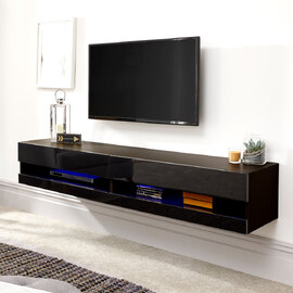 Goole Large Wall Hung High Gloss TV Stand In Black With LED