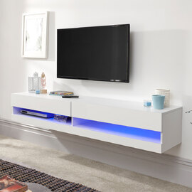Goole Large Wall Hung High Gloss TV Stand In White With LED