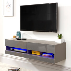 Goole Small Wall Hung High Gloss TV Stand In Grey With LED