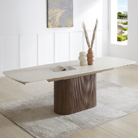 Grevina Italian White Travertine Marble Effect Ceramic Top Dining Table with Walnut Base