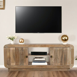 Hailey Carved Mango Wood TV Stand With 2 Doors In Natural Oak