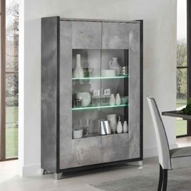 Heston High Gloss Marble Effect Display Cabinet with 2 Doors in Grey and LED