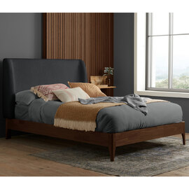 Hamel Fabric Double Bed With Wooden Frame In Grey
