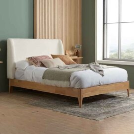 Hamel Fabric Double Bed With Wooden Frame in White and Oak