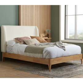 Hamel Fabric King Size Bed With Wooden Frame In White And Oak