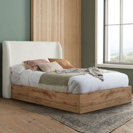 Hamel Wooden Ottoman King Size Bed With Fabric Headboard In Oak