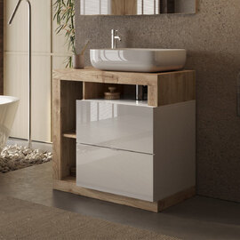 Hanmer 78cm White Gloss Floor Standing Vanity Unit In Cadiz Oak