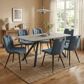 Harmony Grey Wooden Dining Table with 6 Navy Chairs