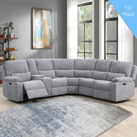Harsel Fabric Electric Recliner Corner Sofa in Granite