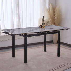 Haximo Stone Effect Tabletop Extending Dining Table with White Metal Frame
