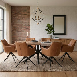 Hazen Oak Veneer Dining Table with 6 Vernon Tan Chairs