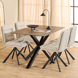 Hebron Ceramic Dining Table With 4 Downey Beige Chairs In Brown