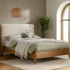 Helena Fabric King Size Bed With Wooden Frame In White And Oak